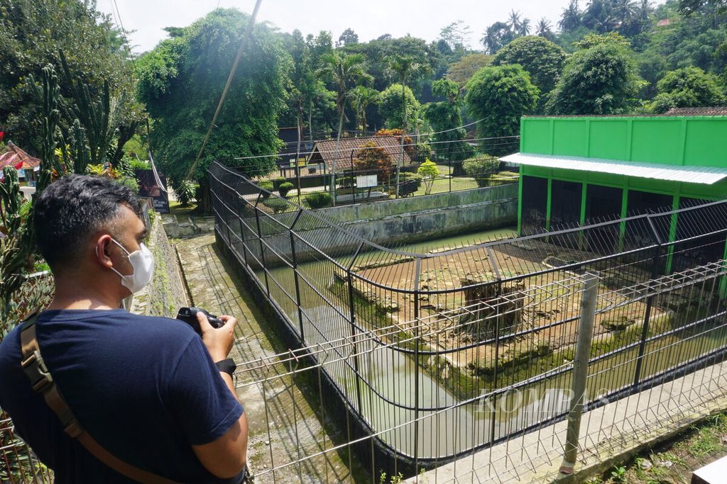 Suasana kandang harimau di Taman Rekreasi Margasatwa Serulingmas, Banjarnegara, Senin (18/4/2022). Minggu lalu, seorang karyawan tewas diterkam harimau benggala.