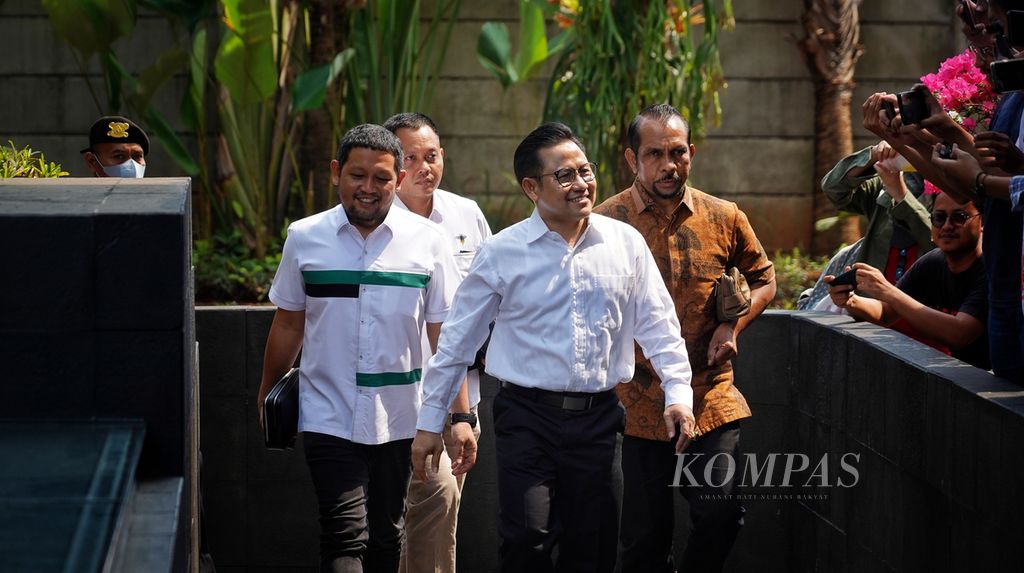 Ketua Umum Partai Kebangkitan Bangsa Muhaimin Iskandar tiba di Gedung Komisi Pemberantasan Korupsi, Jakarta, Kamis (7/9/2023).