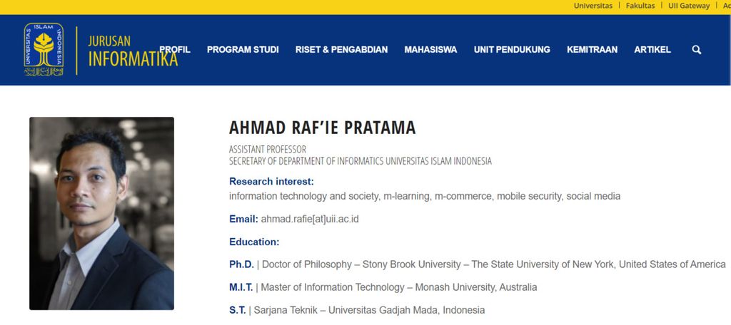 Foto dan profil dosen Universitas Islam Indonesia, Yogyakarta, Ahmad Munasir Rafie Pratama.