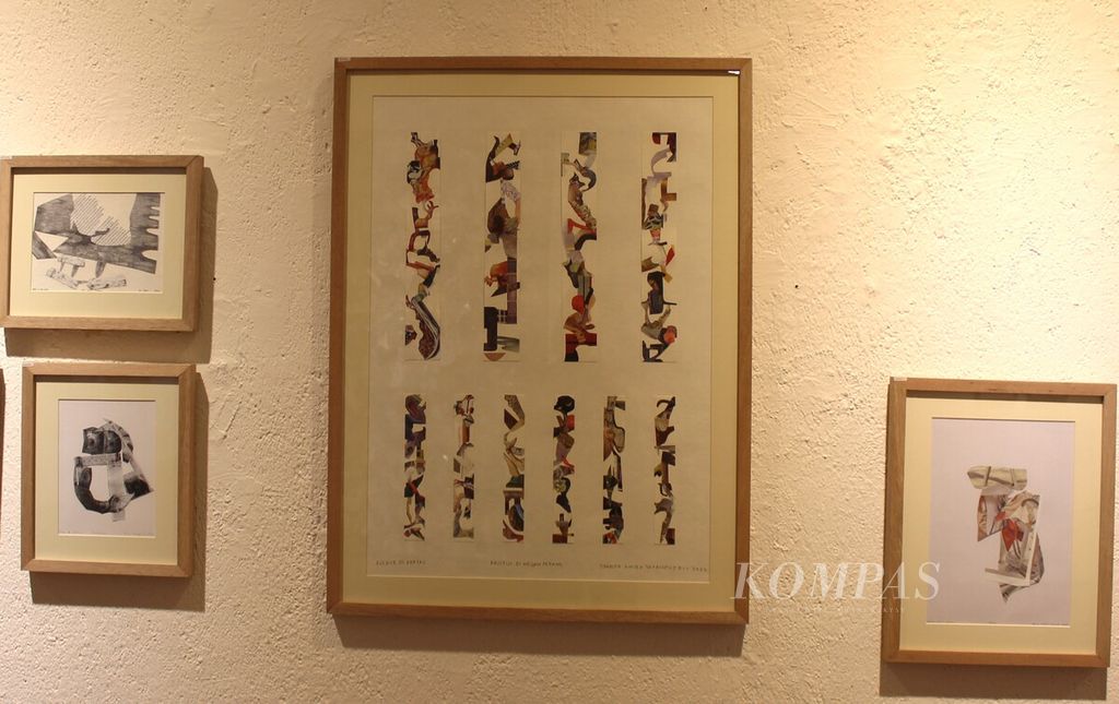 Kolase berjudul "Kristus di Medan Perang" karya seniman Syarifa Amira Satrioputri ditampilkan dalam pameran seni kolase “Cutting Cyclus” di Auditorium Cemara 6 Galeri di Museum Toeti Heraty, Jakarta, Sabtu (14/1/2023).
