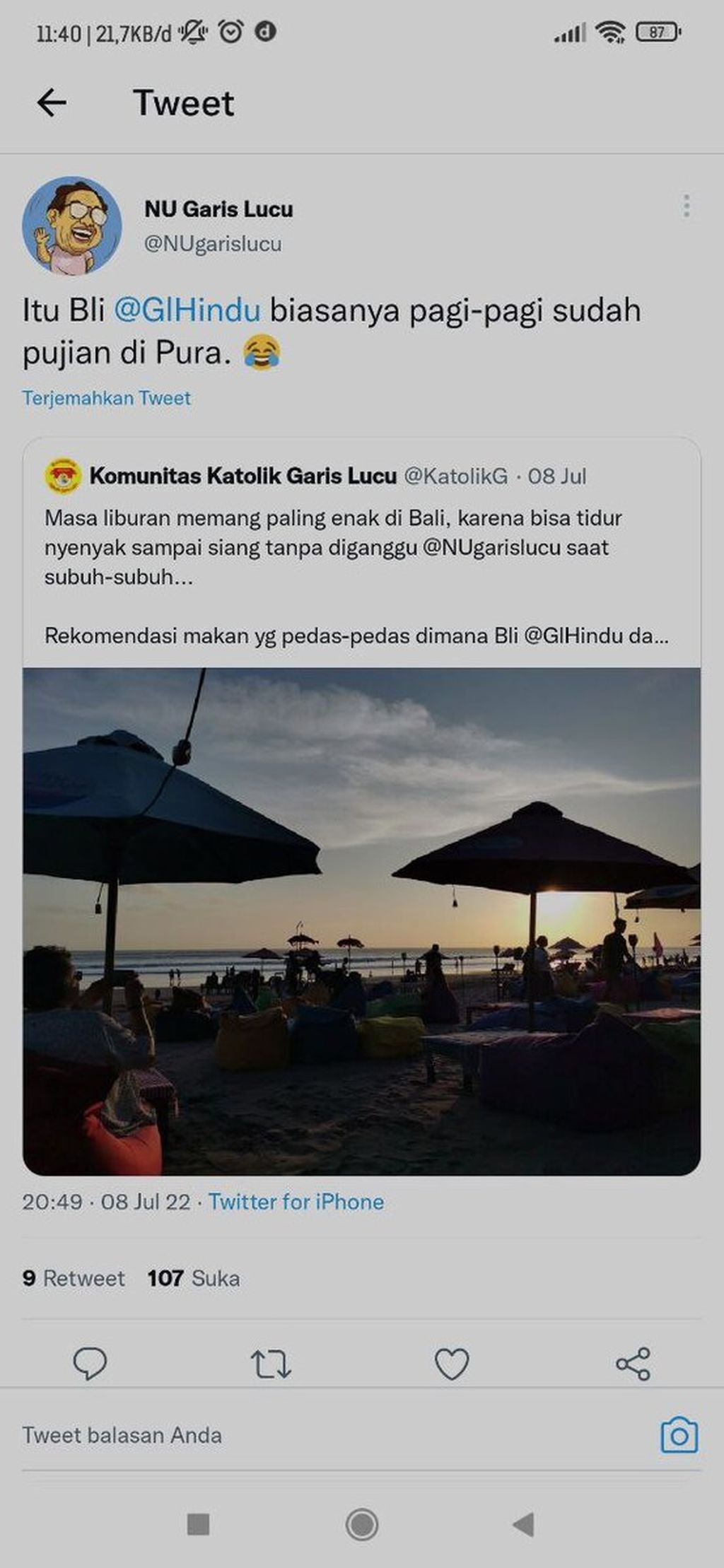 One of the tweets from the NU's Garis Lucu @NUgarislucu Twitter account which incites religious awareness and tolerance in Indonesia. These funny lines religious accounts were created to ward off hate speech and issues of intolerance that are rife on social media.