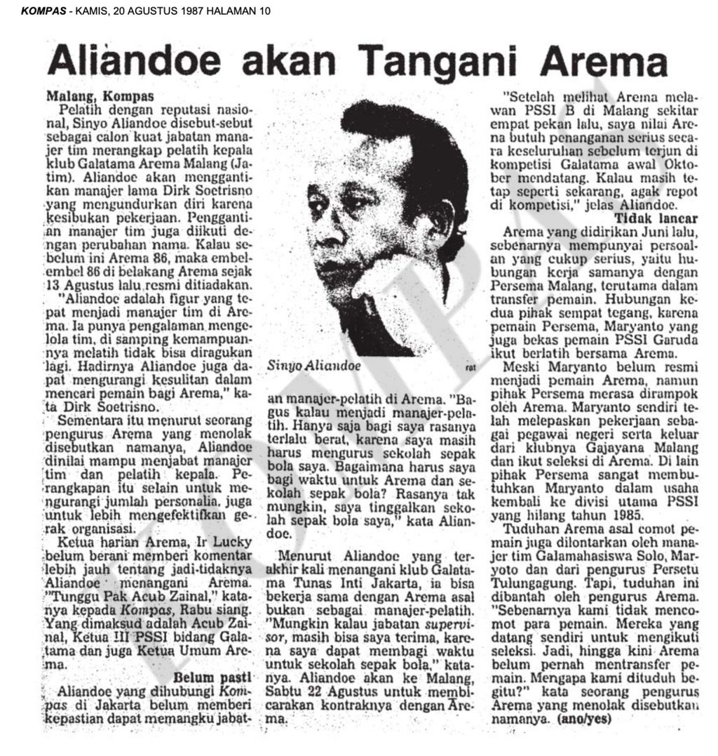 Berita <i>Kompas</i> edisi 20 Agustus 1987 yang mengabarkan rencana Arema Malang merekrut Sinyo Aliandoe sebagai pelatih di Galatama musim 1987-1988.