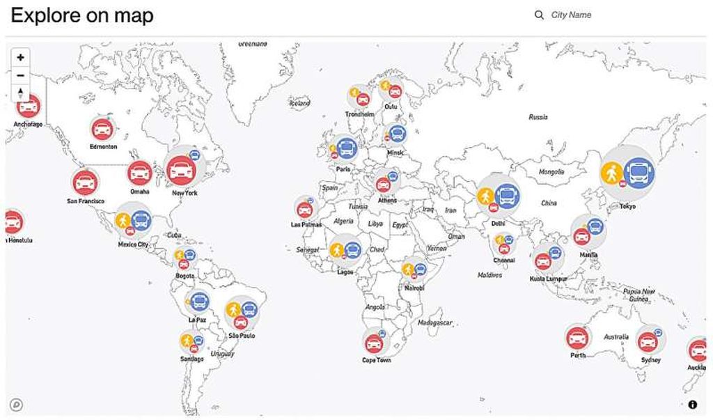 Cari tahu bagaimana kota Anda dibandingkan dengan kota lain di seluruh dunia dengan melihat peta pola mobilitas global berdasarkan data: https://vis.csh.ac.at/citiesmoving/. Sumber: Complexity Science Hub