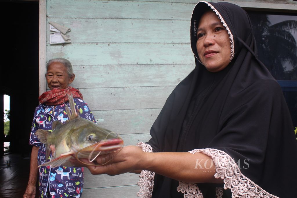 A resident of Kalumpang Village, Kapuas Regency, Central Kalimantan, shows the fish he caught in the Kapuas River, Central Kalimantan, on Monday (18/7/2022).