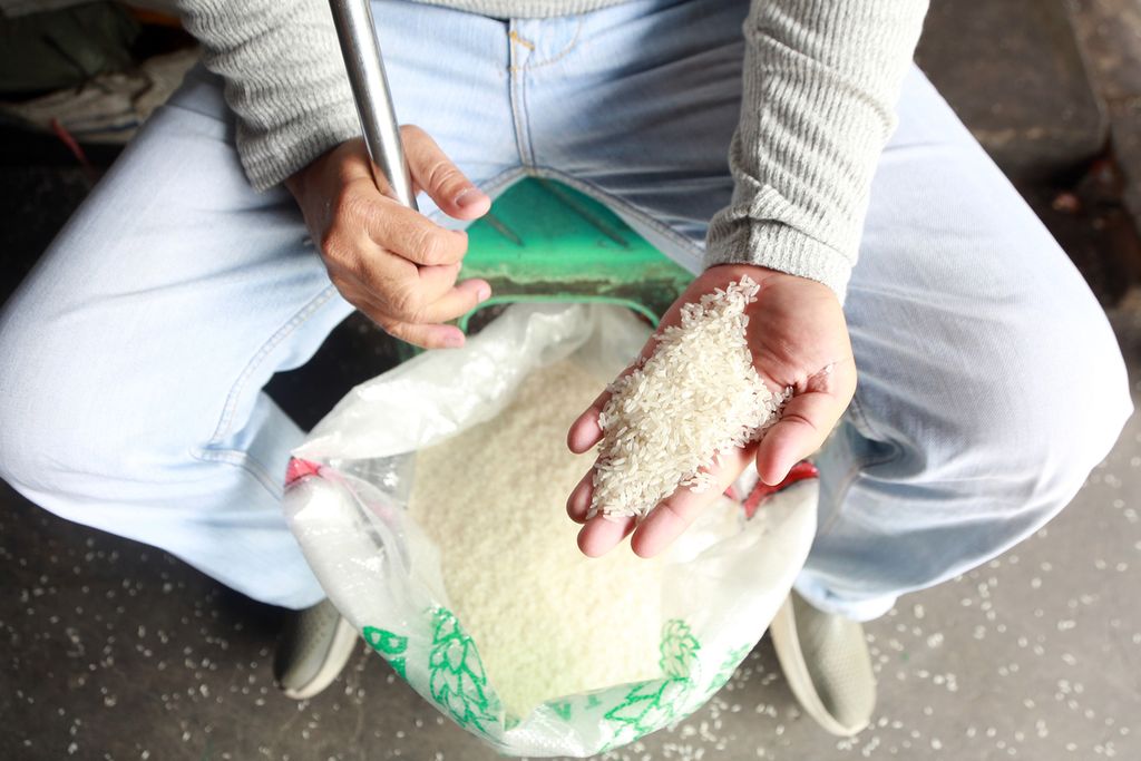 Salah seorang pedagang menunjukkan kualitas beras miliknya di Pasar Induk Beras Cipinang, Jakarta Timur, Jumat (2/11/2022). Pasokan beras di Pasar Induk Beras Cipinang menurun. Bersamaan dengan turunnya pasokan, harga beras menjadi naik. 