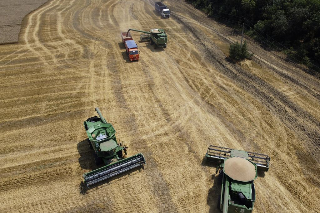 Foto yang diambil pada 21 Juli 2021 ini memperlihatkan para petani di Tbilisskaya, Rusia, tengah memanen gandum mereka.