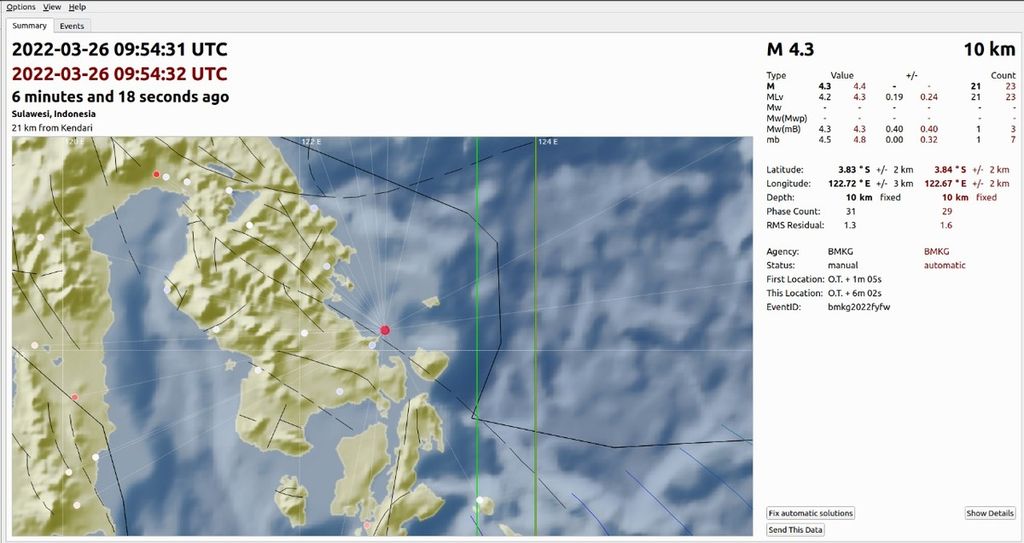 Gempa berkekuatan magnitudo 4,3 kembali terjadi di Konawe, Sulawesi Tenggara, Sabtu (26/3/2022). Gempa ini tercatat kali kedelapan di Sesar Lawanopo kurang dari 24 jam terakhir,