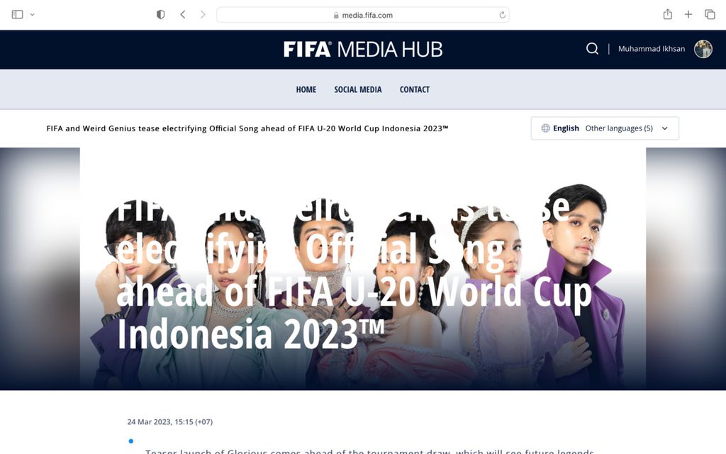 News on the theme song for the 2023 U-20 World Cup which can still be accessed at the special forum for journalists, FIFA Media Hub, Wednesday (29/3/2023). However, FIFA officially removed Indonesia as the host of the U-20 World Cup 2023.