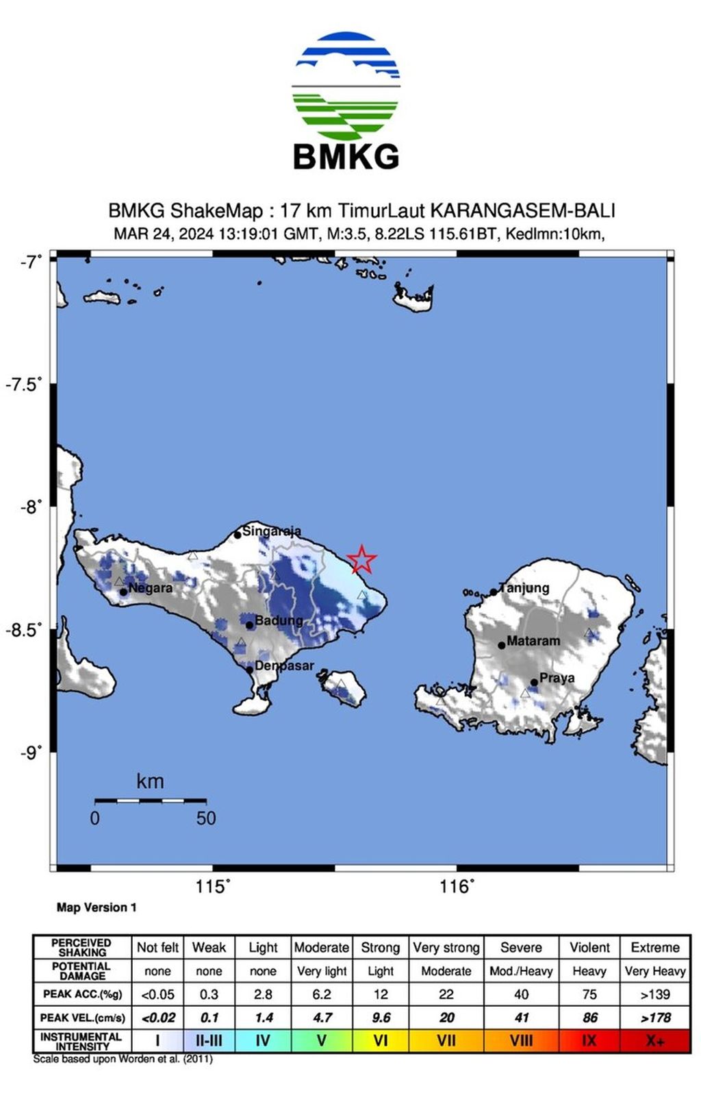 Gempa bumi berkekuatan M 3,5 terjadi di perairan timur laut Karangasem, Bali, Minggu (24/3/2024) malam. 