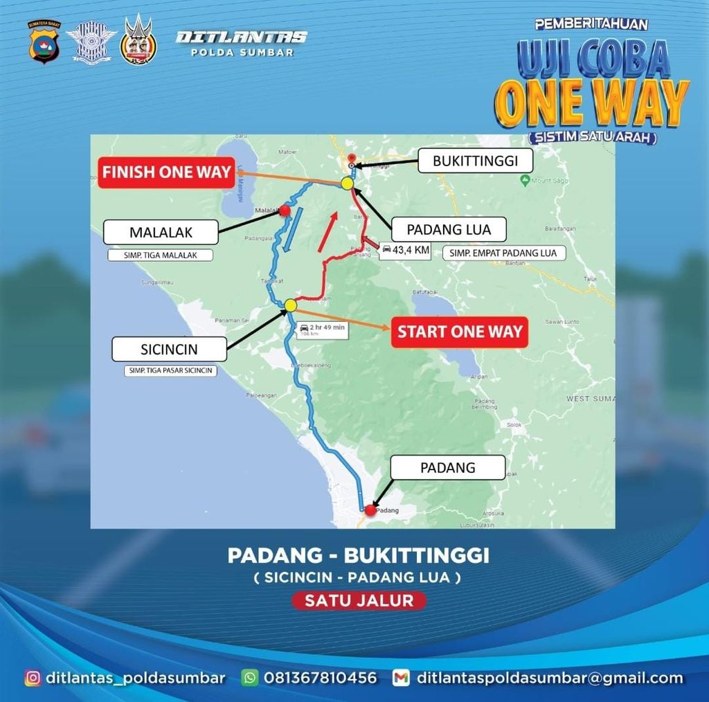 Skema penerapan rekayasa lalu lintas satu arah di Jalur Padang-Bukittinggi oleh Ditlantas Polda Sumbar H-3 dan H+3 selama libur hari raya Idul Fitri 1444 Hijriah.