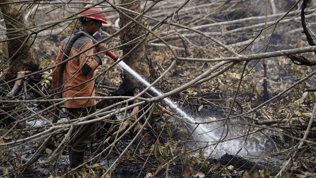 Personel Satgas Kebakaran Hutan dan Lahan (Karhutla) Riau dari Manggala Agni dalam pemadaman titik api di Desa Rimbo Panjang, Kecamatan Tambang, Kabupaten Kampar, Riau, Rabu (25/9/2019). 