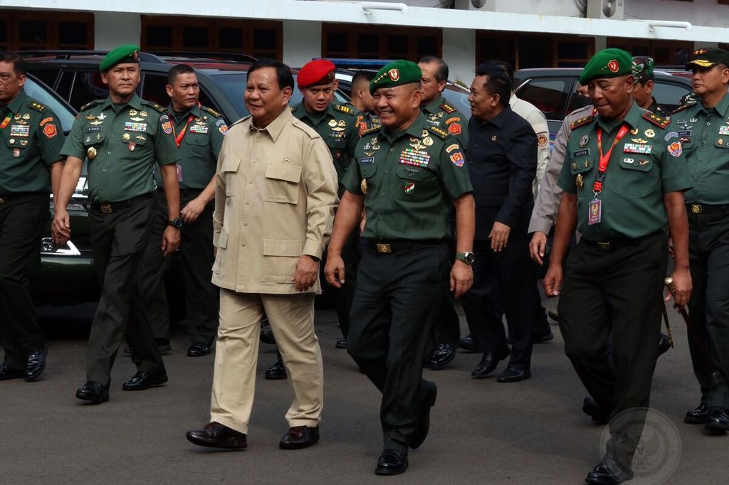 Menteri Pertahanan Prabowo Subianto di Seskoad, Bandung, Senin (27/6/2022).