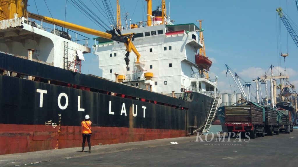 A container ship is docked at Tanjung Perak Port, Surabaya, East Java.