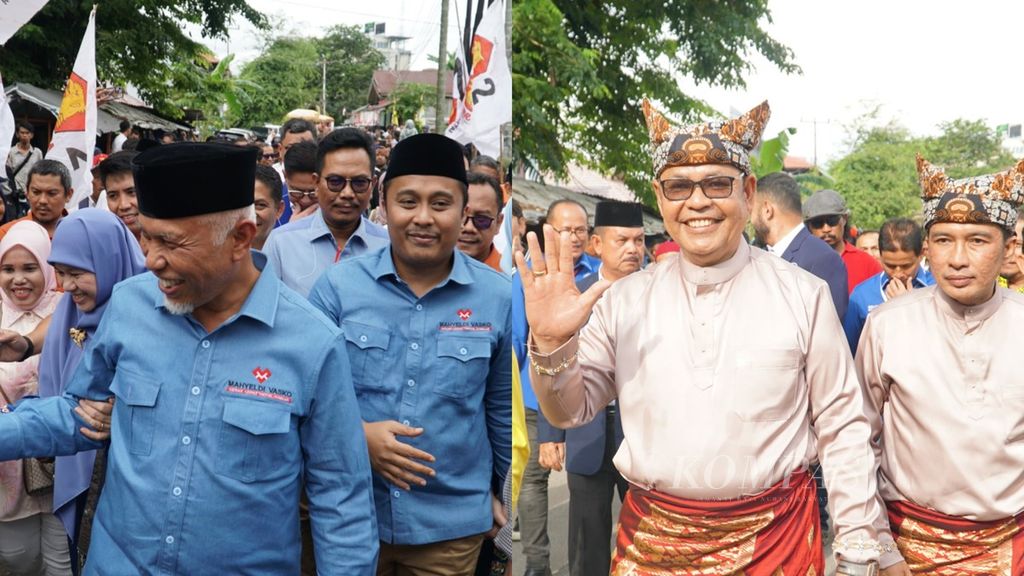 Kolase foto pasangan Mahyeldi-Vasco Ruseimy (kiri) dan pasangan Epyardi Asda-Ekos Albar saat mendaftar sebagai calon gubernur dan wakil gubernur Sumatera Barat ke KPU Sumbar di Kota Padang. 