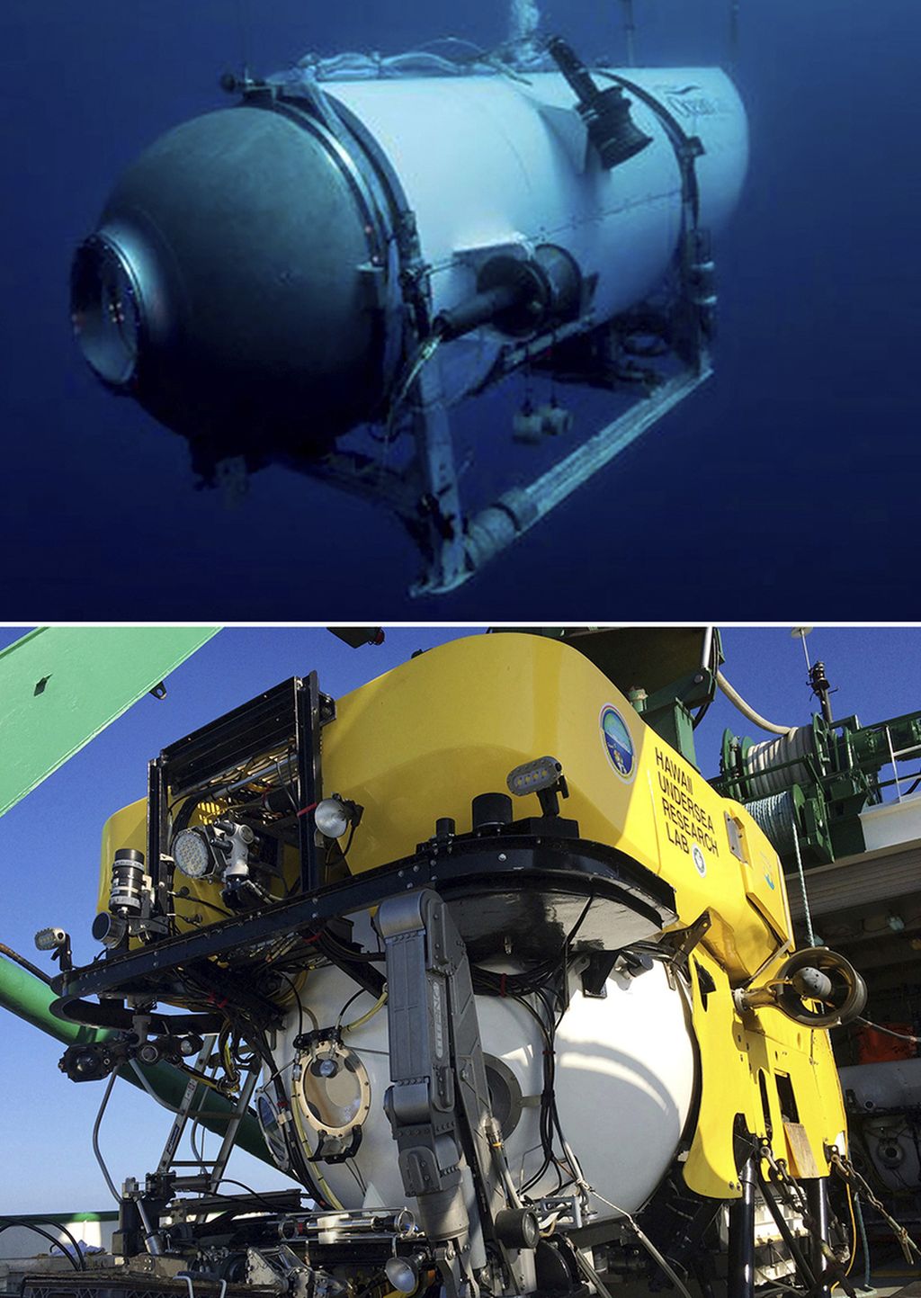 Dua foto ini menunjukkan kapal selam mini Titan milik OceanGate Expeditions (atas) dan kapal selam The Pisces IV (bawah). Titan, dikembangkan dan dioperasikan OceanGate Expeditions itu disebut-sebut memiliki desain yang mencakup lambung serat karbon, dan kabin memanjang untuk awak dan penumpang. Tetapi para ahli luar mengatakan desain dan konstruksi kapal selam memberi tekanan lebih besar pada strukturnya.