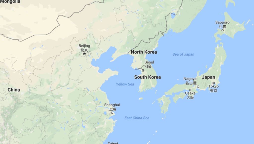 Peta Jepang, China, Korea Selatan, dan Korea Utara.