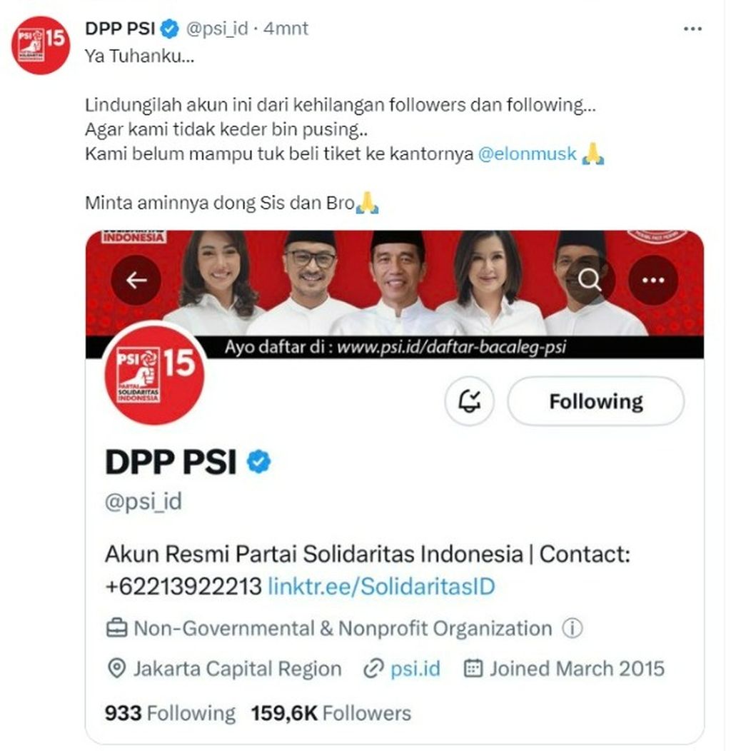 Tangkapan layar akun Twitter resmi Partai Solidaritas Indonesia