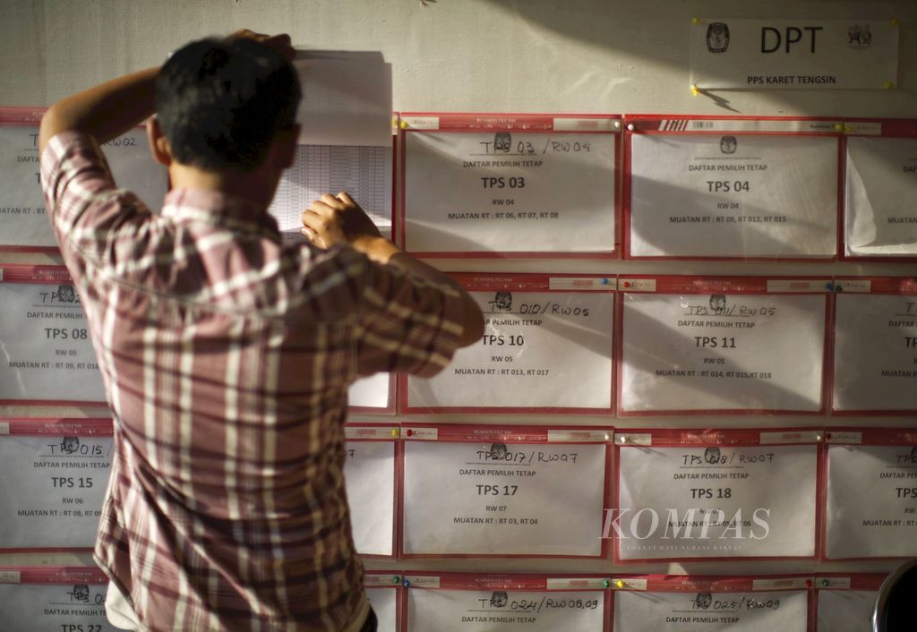 Petugas mengecek daftar pemilih tetap (DPT) di papan Panitia Pemungutan Suara (PPS) Karet Tengsin, Tanah Abang, Jakarta Pusat, Senin (13/2). Terdapat 28 Tempat Pemungutan Suara (TPS) di Kelurahan Karet Tengsin, logistik pilkada DKI Jakarta akan dikirim ke TPS pukul 18.00 hari Selasa (14/2).