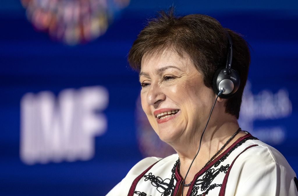 Direktur Pelaksana Dana Moneter Internasional (IMF) Kristalina Georgieva saat menghadiri pertemuan tahunan IMF dan Bank Dunia di Marrakesh, Maroko, 12 Oktober 2023.   