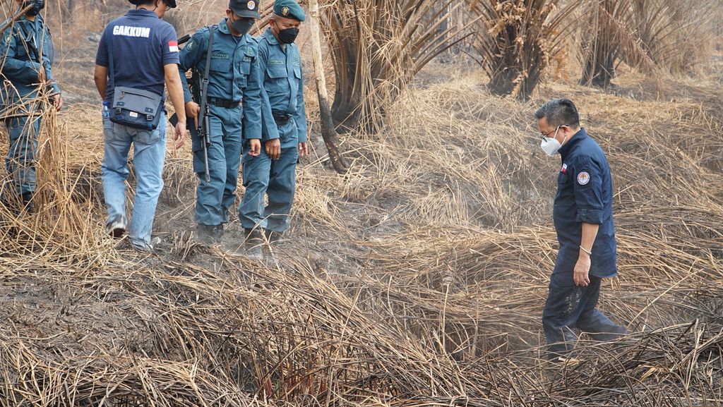 Tim Penegakan Hukum Kementerian Lingkungan Hidup dan Kehutanan (Gakkum KLHK) melakukan penyegelan di area hutan dan lahan yang terbakar di wilayah Kabupaten Ogan Komering Ilir, Sumatera Selatan, Rabu (4/10/2023).