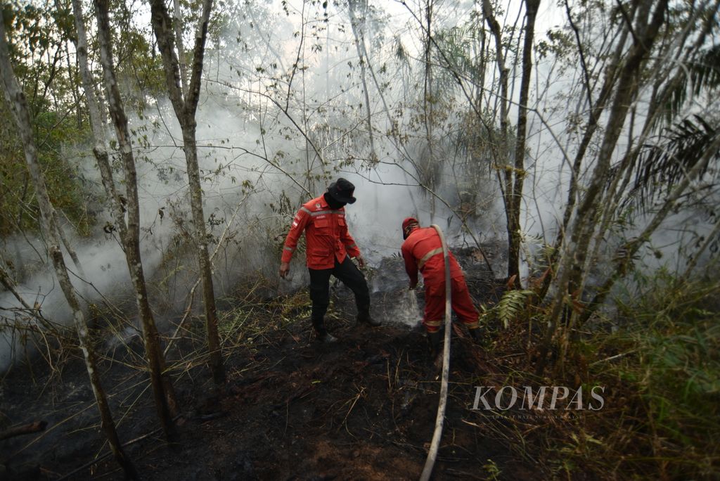 Kebakaran lahan gambut seluas 3,2 hektar di kawasan Desa Palem Raya, Kecamatan Indralaya Utara, Kabupaten Ogan Ilir, Sumatera Selatan, Rabu (25/10/2023). 