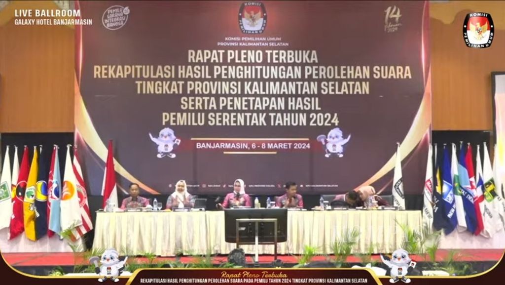 Rapat pleno terbuka rekapitulasi perolehan suara serta penetapan hasil Pemilihan Umum 2024 tingkat Provinsi Kalimantan Selatan digelar di Banjarmasin, Kalsel, Rabu (6/3/2024). Rapat pleno berlangsung selama tiga hari, 6-8 Maret.