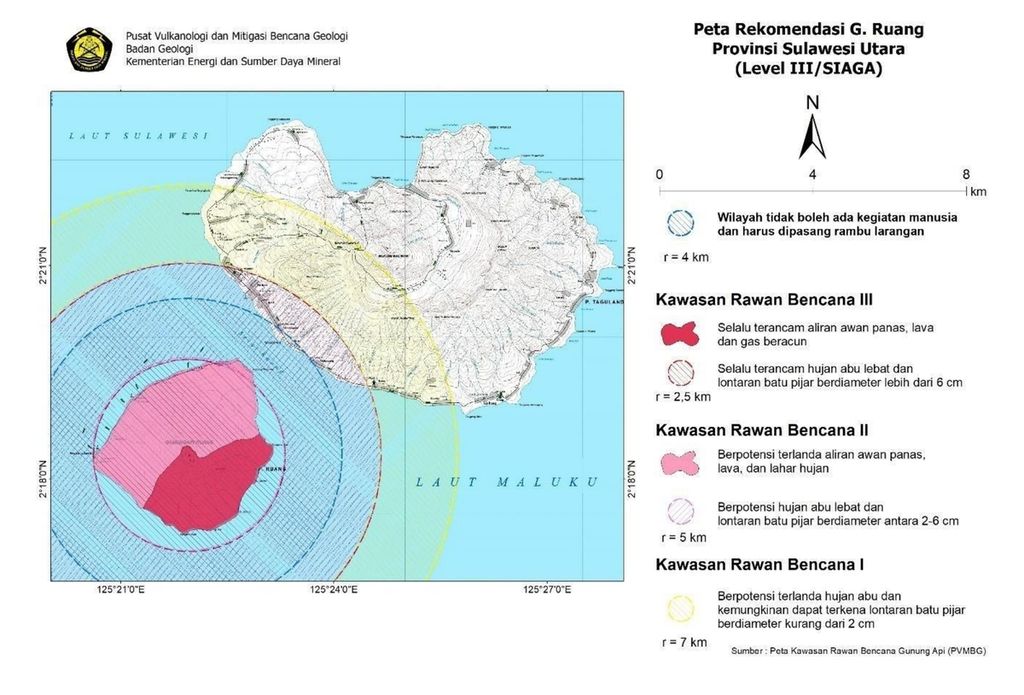Tangkapan layar peta rekomendasi Gunung Ruang pada level Siaga yang dikeluarkan Pusat Vulkanologi dan Mitigasi Bencana Geologi, Senin (22/4/2024) pukul 09.00 Wita.