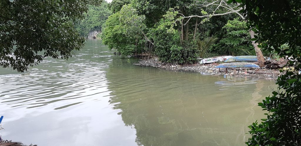 Tampak sampah plastik menumpuk di pinggiran perairan Teluk Youtefa, Kota Jayapura, Papua, Jumat (26/3/2021).