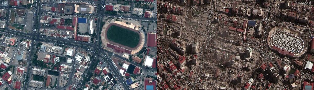 Foto satelit kombo memperlihatkan bangunan dan stadion di Kahramanmaras, Turki, sebelum gempa pada 26 Juli 2022 (kiri) dan setelah gempa pada 8 Februari 2023. 