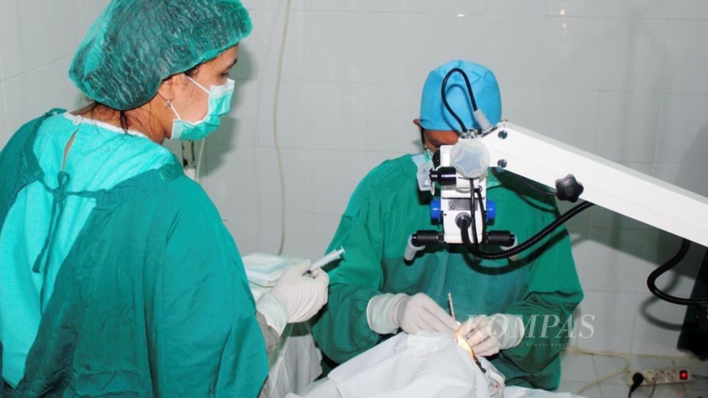 Dokter spesialis mata dari Perdami Malang sedang melakukan operasi katarak di RSUD Lewoleba, Lembata NTT, 24 Februari 2017.