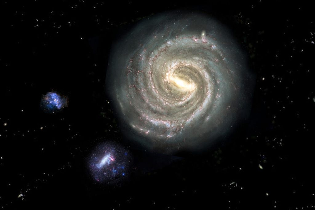 Ilustrasi galaksi Bimasakti dengan Awan Magellan Besar atau Large Magellanic Clouds (kiri bawah) dan Awan Magellan Kecil atau Small Magellanic Clouds (kiri atas). Awan Magellan Besar adalah galaksi katai yang mengorbit Bimasakti dan diperkirakan akan bertabrakan kembali dengan Bimasakti pada 2,5 miliar tahun lagi.