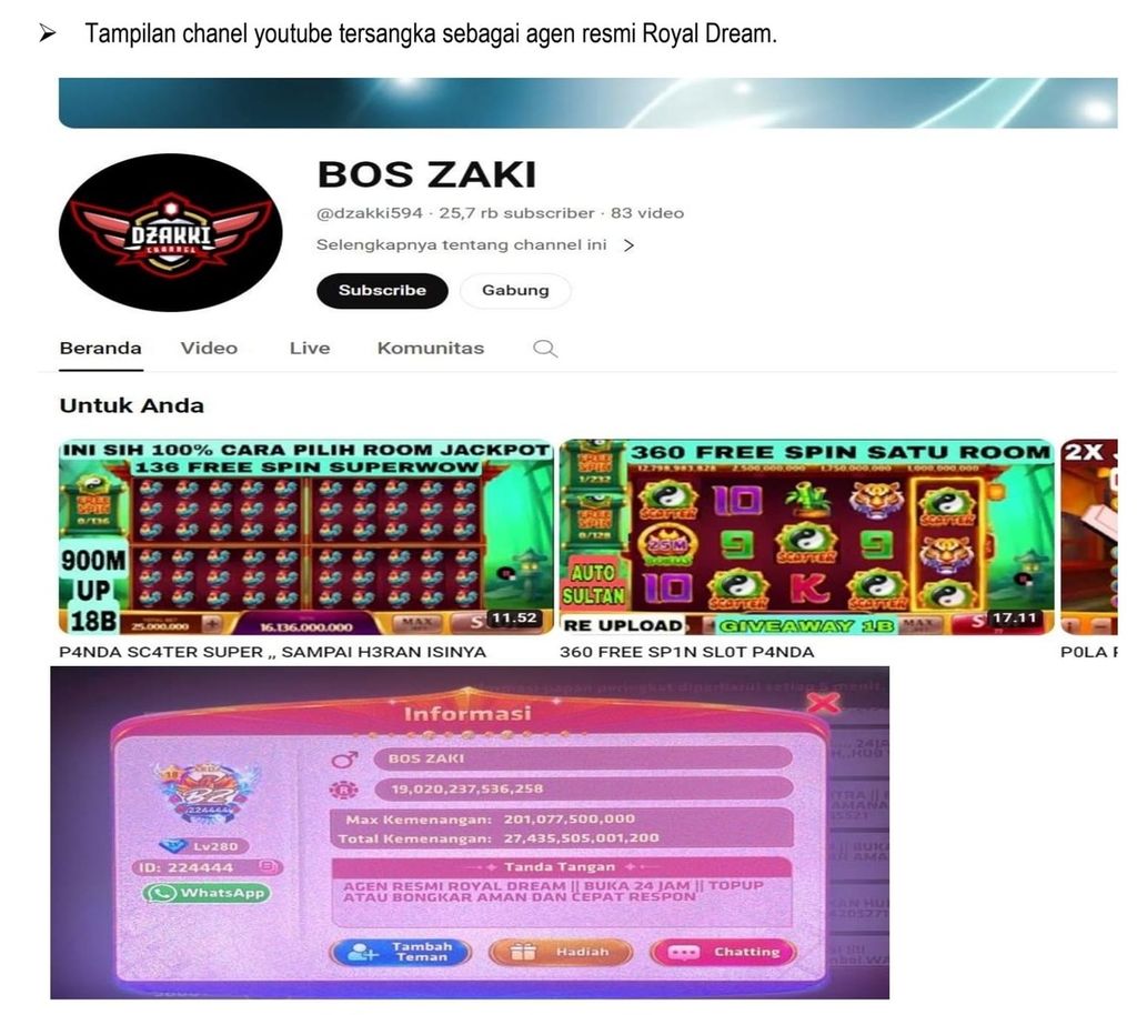 Youtube <i>channel</i> Bos Zaki yang digunakan tersangka untuk promosi judi daring.