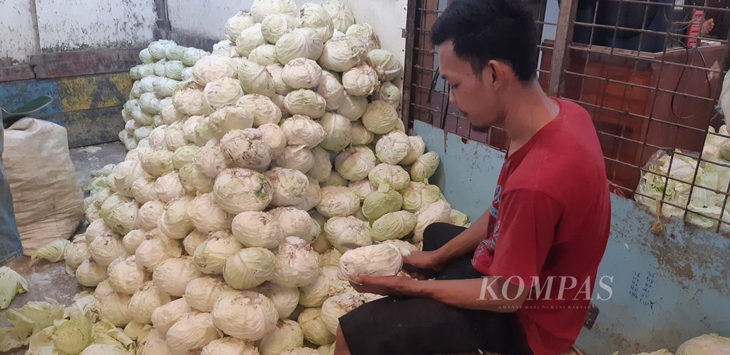 Pedagang sayur kol tengah menyiapkan kol siap jual di Pasar Induk Kramat Jati, Jakarta Timur, Senin (9/5/2022).