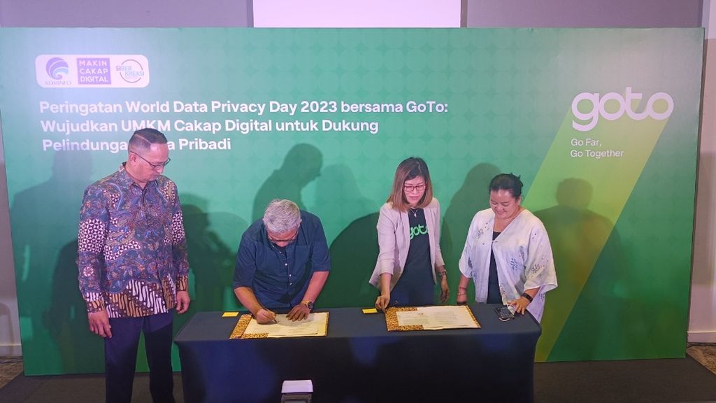 Suasana konferensi pers Peringatan World Data Privacy Day 2023 Bersama GoTo (Gojek Tokopedia), di Jakarta, Senin (6/2/2023).