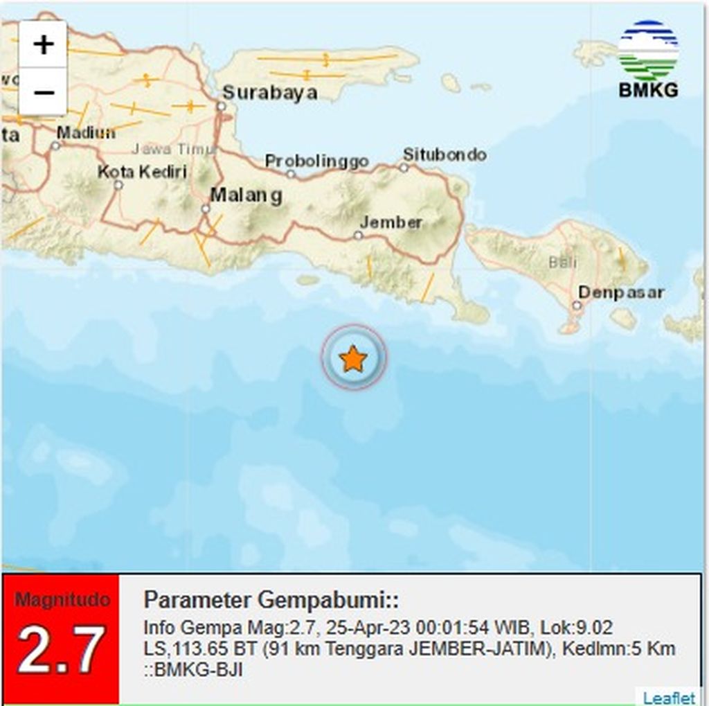 Gempa terjadi di tenggara Jember pada Selasa (25/4/2023) dini hari. Kedalaman gempa 5 km.