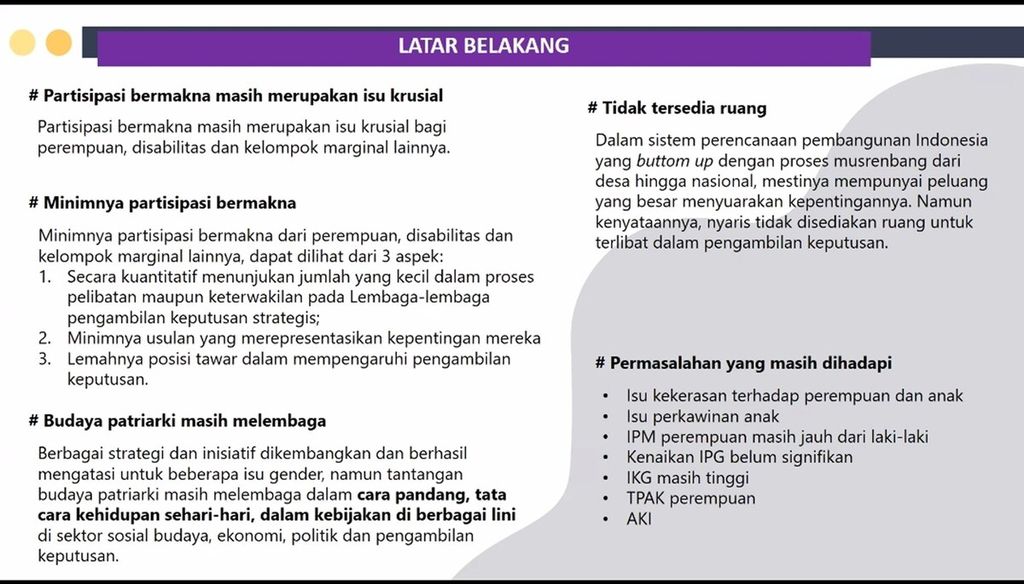Kementerian PPPA bersama Bappenas dan organisasi masyarakat sipil akan mengadakan Munas Perempuan 2024 di Badung, Bali. Tangkapan layar dari materi dari Kementerian PPPA dalam acara jumpa media secara di dalam jaringan (daring), Selasa (16/4/2024). 