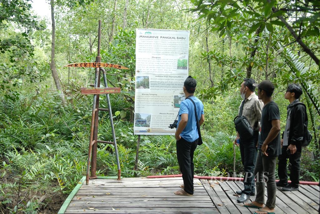 Pengunjung di ekowisata mangrove di Desa Pangkal Babu, Tungkal Ilir, Kabupaten Tanjung Jabung Barat, Minggu (2/4/2023). Selama bertahun-tahun, masyarakat menjaga wilayah mereka dari ancaman kerusakan. Mereka juga menerbitkan peraturan desa yang memperkuat perlindungan mangrove.