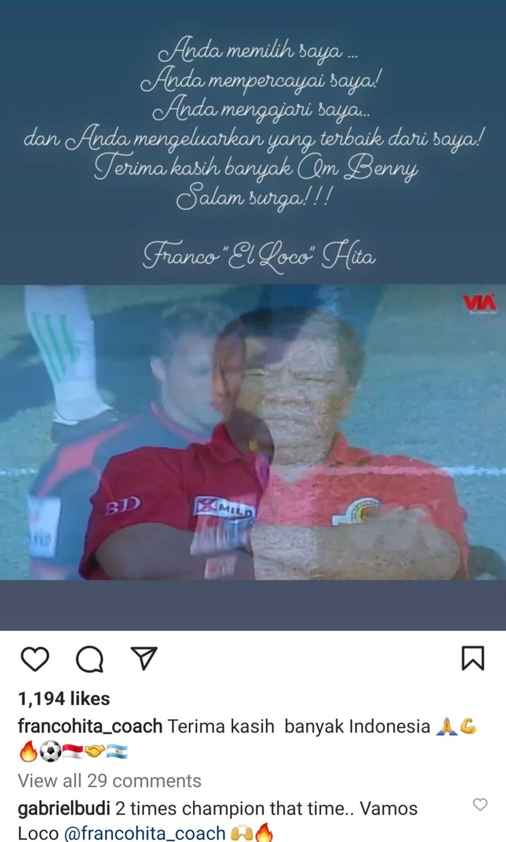Ungkapan duka cita dalam tangkapan layar dari akun Instagram Franco Hita @francohita_coach untuk Benny Dollo. Benny Dollo meninggal dunia pada Kamis (2/2/2023) dalam usia 72 tahun.
