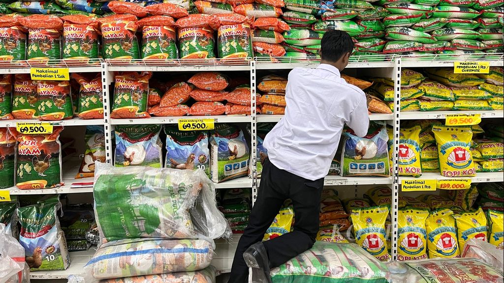 Petugas menata beras di pusat perbelanjaan ritel di kawasan Karang Tengah, Kota Tangerang, Banten, Kamis (8/2/2024). Beras menjadi salah satu komoditas penyumbang inflasi bulan Januari 2023. 