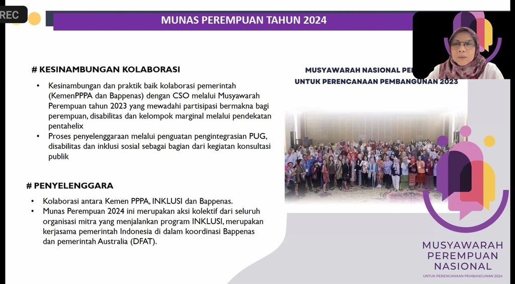 Kementerian PPPA bersama Bappenas dan organisasi masyarakat sipil akan mengadakan Munas Perempuan 2024 di Badung, Bali. Plt Sekretaris Kementerian PPPA Titi Eko Rahayu memberikan pemaparan dalam acara jumpa media secara di dalam jaringan (daring), Selasa (16/4/2024). 