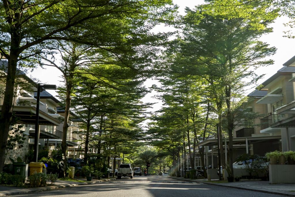 Jalan utama perumahan Serenia Hills di kawasan Lebak Bulus, Jakarta Selatan, Selasa (7/7/2020), rindang dengan pepohonan yang hijau.