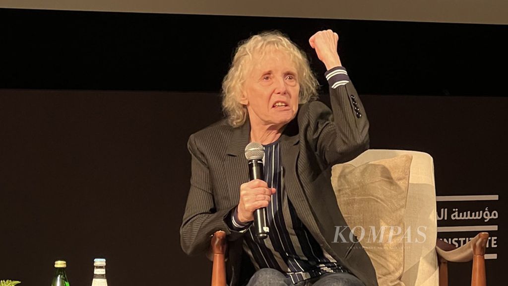 The expression of the French director, Claire Denis, when teaching a class at Qumra 2024 held at the Museum of Islamic Arts, Doha, Qatar, on March 2, 2024.