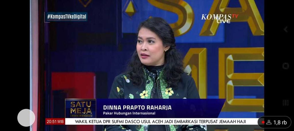 Pakar hubungan internasional Dinna Prapto Raharja pada acara <i>Satu Meja the Forum</i> bertajuk ”Mampukah Jokowi Damaikan Rusia-Ukraina” yang disiarkan Kompas TV, Rabu (29/6/2022) malam.