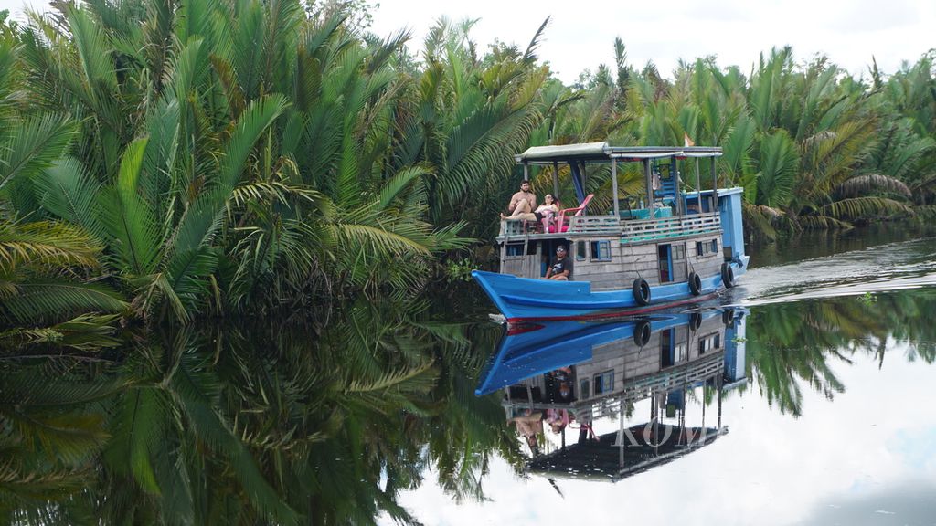 Turis asing menikmati alam dengan menyusuri Sungai Sekonyer di kawasan Taman Nasional Tanjung Puting, Kabupaten Kotawaringin Barat, Kalimantan Tengah, pada Senin (26/2/2024).