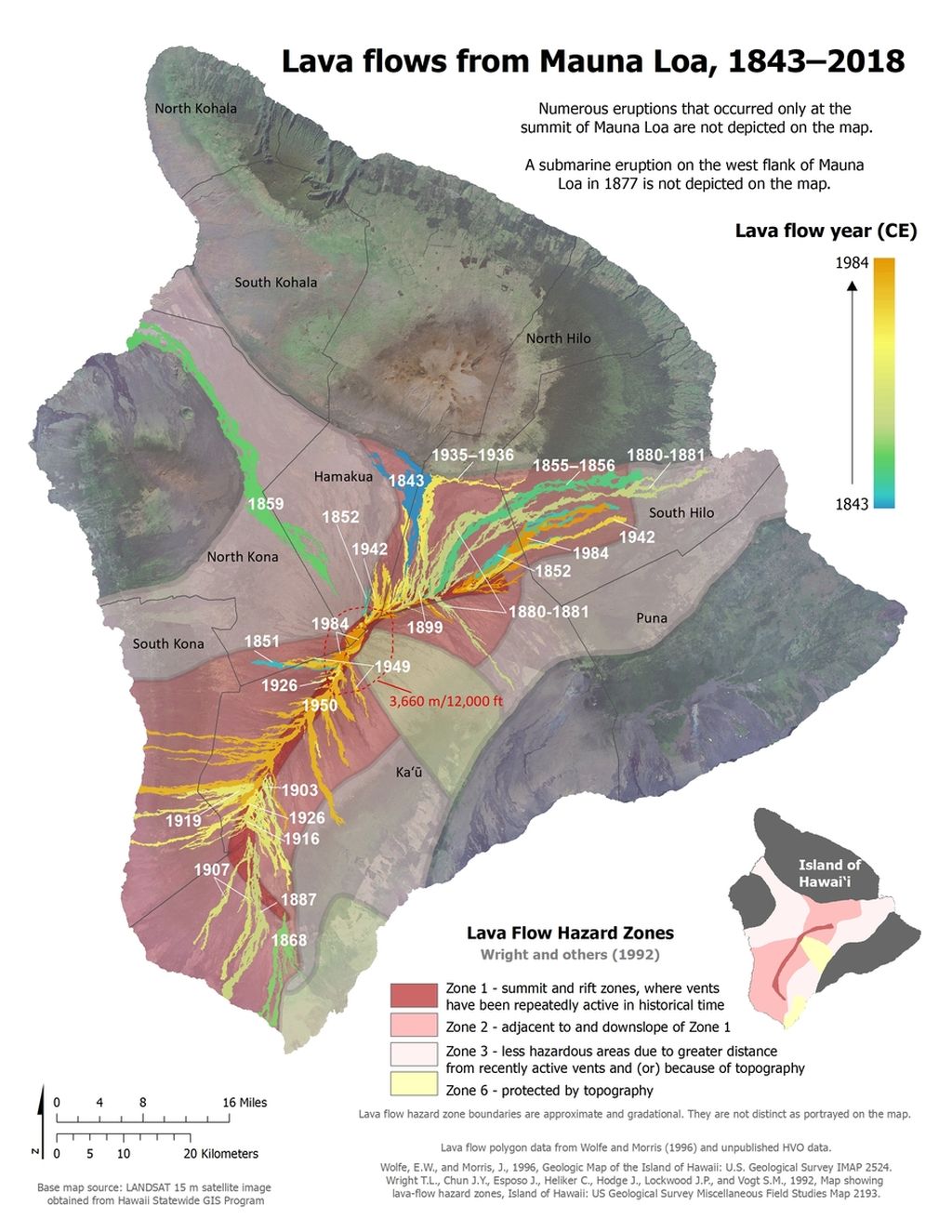 Sejarah aliran lava Gunung Mauna Loa di Taman Nasional Gunung Api Hawaii. 