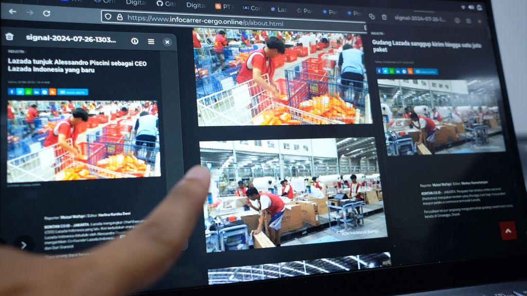 <i>Kompas</i> menyandingkan sejumlah foto dari situs perusahaan fiktif beralamat tautan infocarrer-cergo.online dengan sumber foto asli dari arsip pemberitaan kontan.co.id, Rabu (21/8/2024). Perusahaan fiktif itu diketahui mencatut berbagai foto di internet, salah satunya dari sumber berita daring.