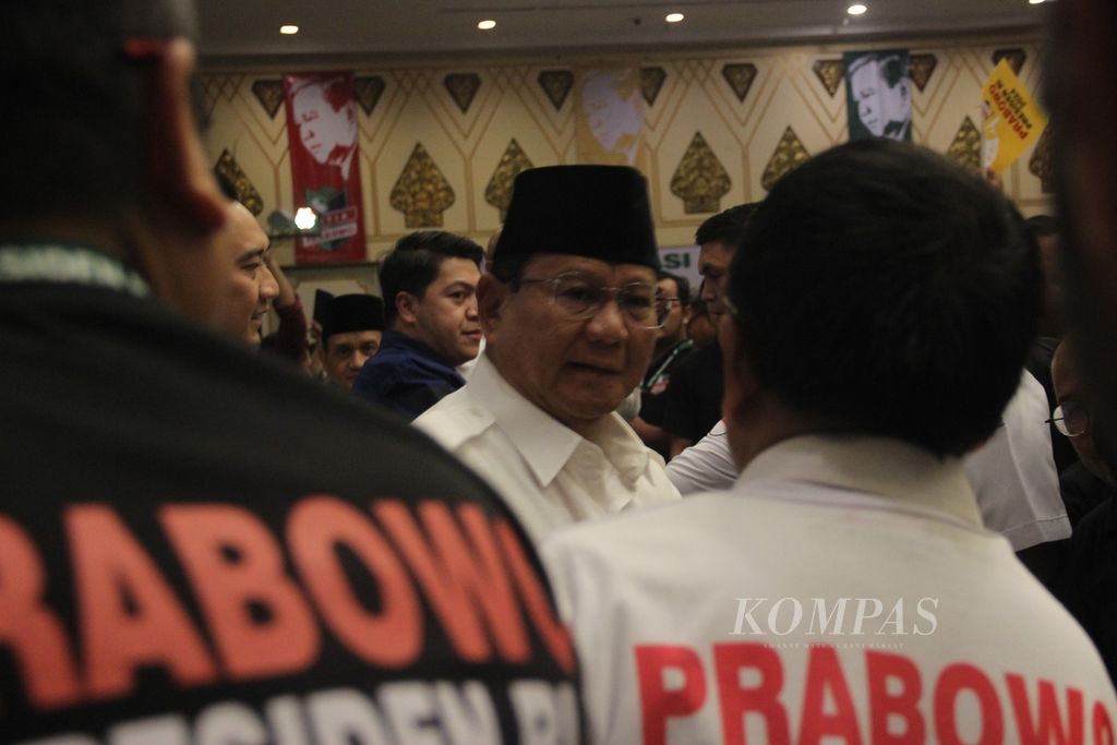 Bakal calon presiden Prabowo Subianto bertemu dengan sukarelawan pendukungnya, Setia Prabowo, Sabtu (7/10/2023), di Jakarta.