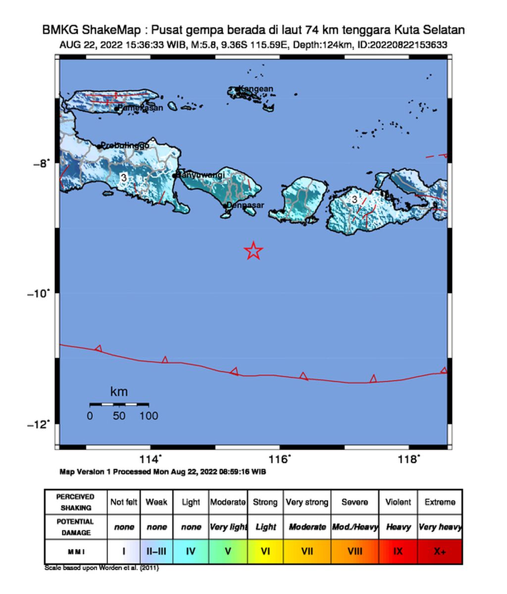 Data sebaran intensitas guncangan gempa bermagnitudo 5,8 yang berpusat di selatan Bali, Senin (22/8/2022) sekitar pukul 16.36 Wita. Tidak ada laporan kerusakan atau korban jiwa akibat gempa yang tidak berpotensi tsunami itu.