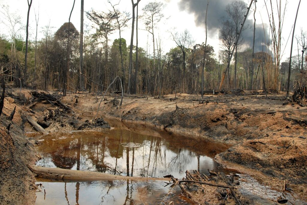 Kebakaran menghanguskan dan mencemari sungai sekitar lokasi tambang minyak ilegal dalam hutan negara yang dikelola PT Agronusa Alam Sejahtera di Bajubang, Kabupaten Batanghari, Jambi, Selasa (21/9/2021).