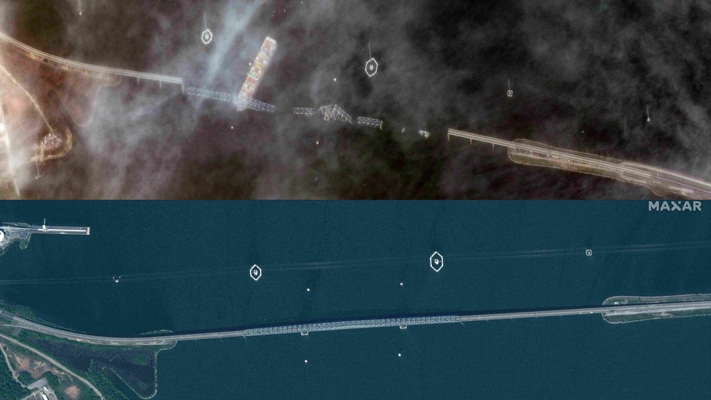  Citra satelit yang dirilis Maxar Technologies menunjukkan Jembatan Francis Scott Key di Baltimore pada 6 Mei 2023 (bawah) dan kondisi jembatan yang terputus (atas) pada 26 Maret 2024 setelah tiang pilarnya ditabrak kapal kargo Dali berbendera Singapura.